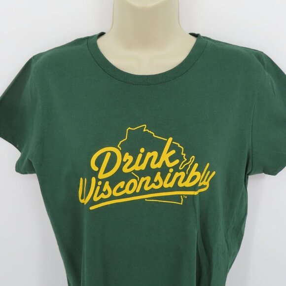 Drink Wisconsinbly Women Large Green Yellow Crew Neck Short Sleeve T Shirt NEW - Picture 2 of 7